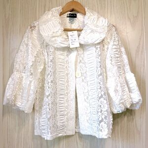 Damee Inc Ivory ruffle sequin lace button cocktail party swing jacket topper M